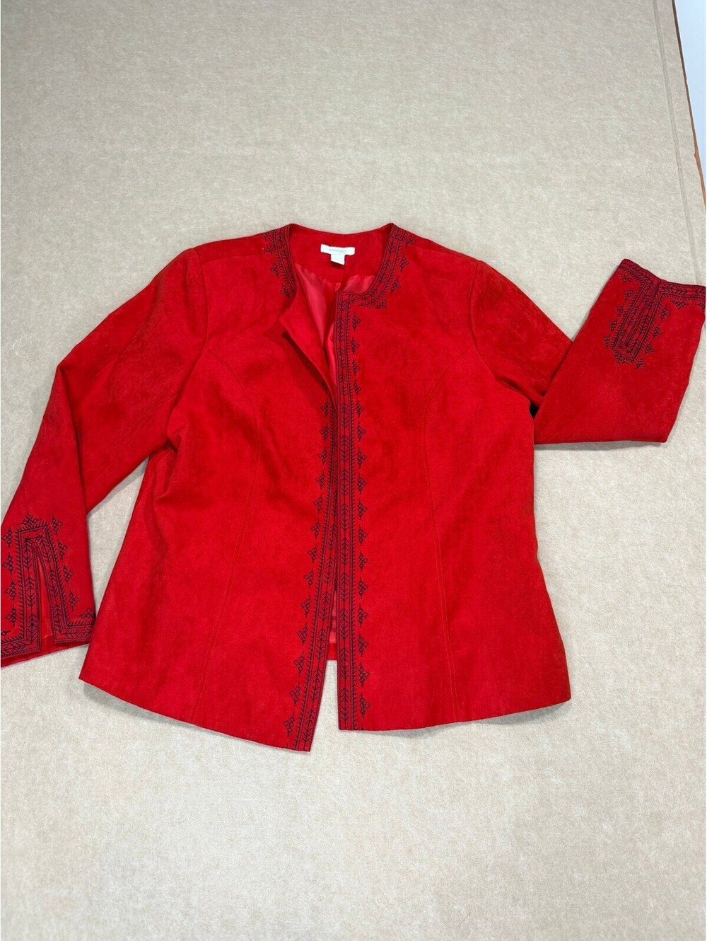 Vintage Dressbarn Woman Red Faux Suede Embroidered Open Front Jacket 1x